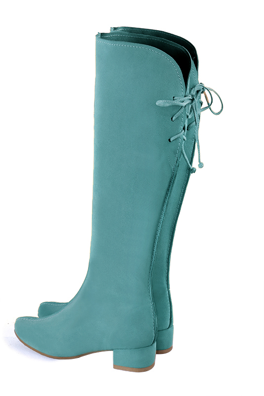 Aquamarine blue women's knee-high boots, with laces at the back. Round toe. Low block heels. Made to measure. Profile view - Florence KOOIJMAN